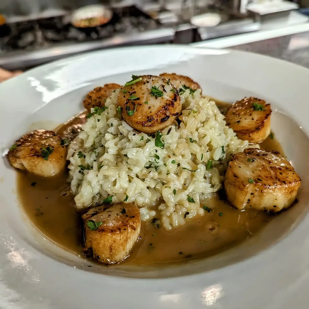 Creamy risotto and seven seared scallops on a white plate.