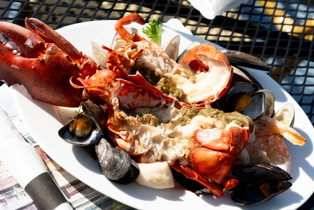 Vibrant seafood platter featuring lobster, mussels, clams, and shrimp.