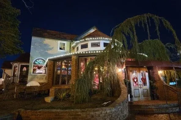 Multi-story building and weeping tree illuminated by string lights at night.