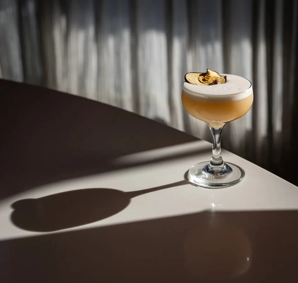 Orange cocktail in coupe glass with foam, apple garnish, strong shadows.