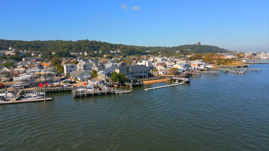 Elevated view of a vibrant coastal town: docks, boats, buildings, hills.