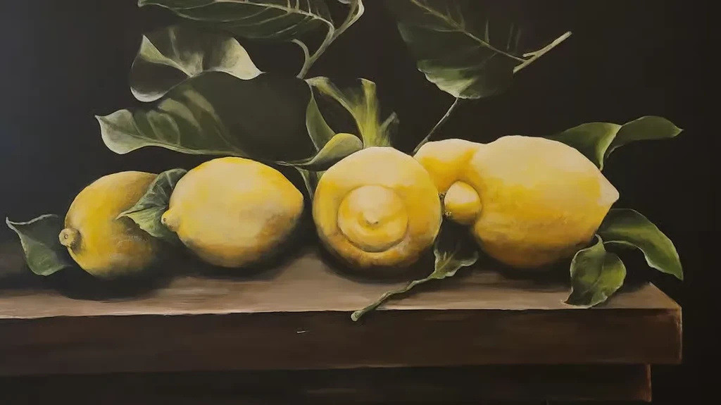 Still life painting: four yellow lemons with green leaves on dark background.