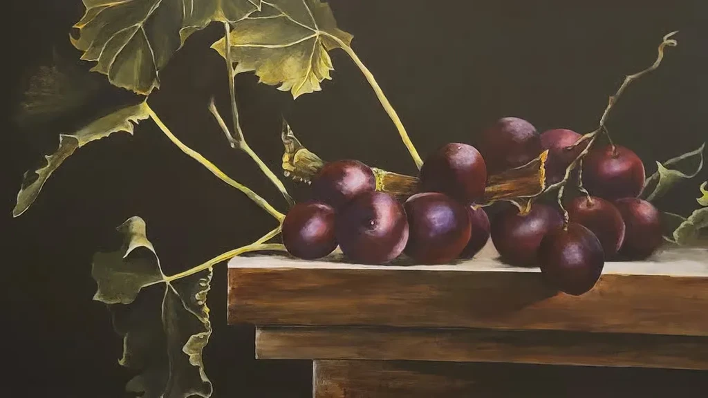 Still life painting of dark purple grapes on vine with green leaves.
