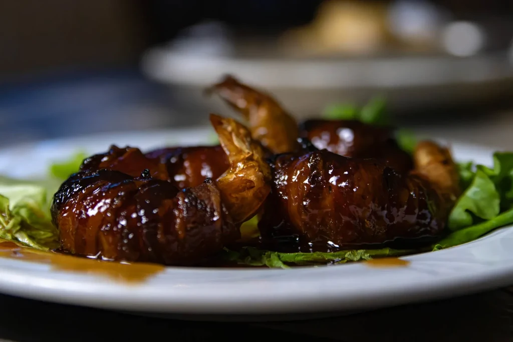 Caramelized meat in glossy dark sauce on bright green vegetables.