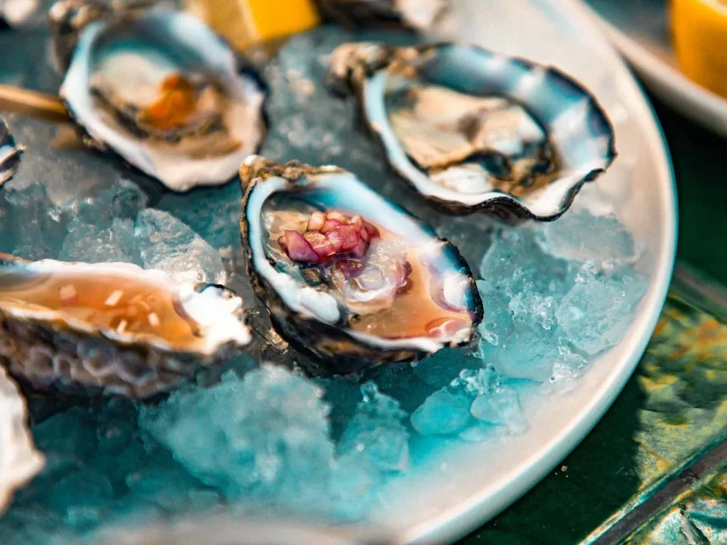Fresh oysters on half shell with mignonette and lemon on teal ice.