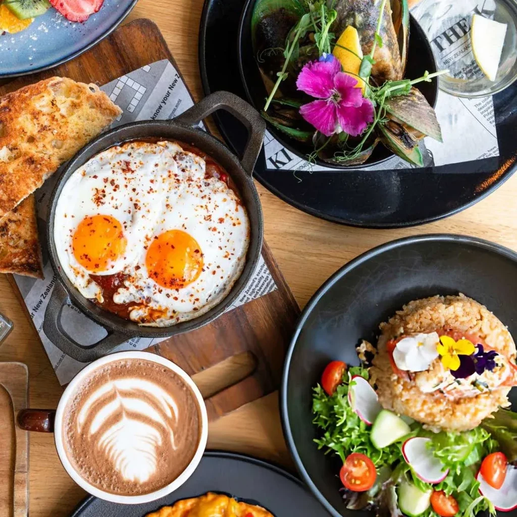 Diverse breakfast/brunch flat lay with eggs, mussels, rice, fruit, and latte.