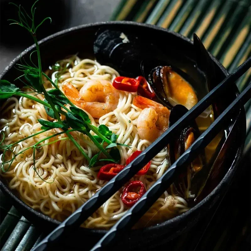 A dark bowl of seafood noodle soup with shrimp, mussels, and greens.