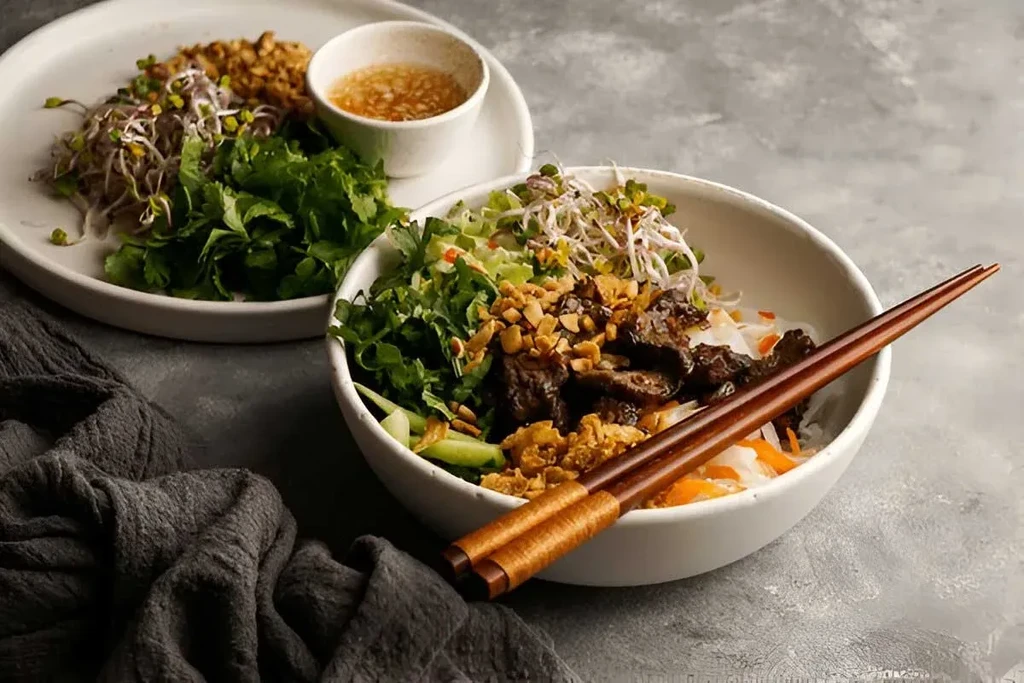 Large bowl of Vietnamese noodle salad with grilled meat, herbs, and chopsticks.