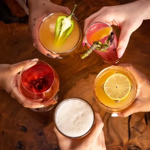 Five diverse hands hold unique drinks in a circle on a wooden table.