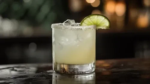 Close-up: Margarita in rocks glass, salted rim, lime wedge.
