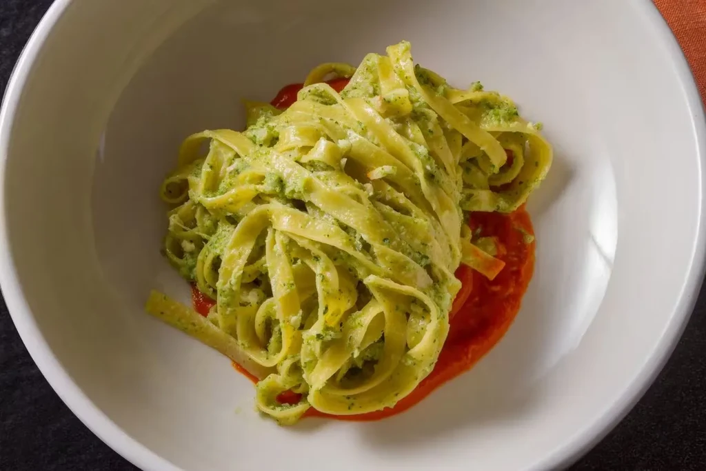 Green pesto pasta on red sauce in a white bowl.