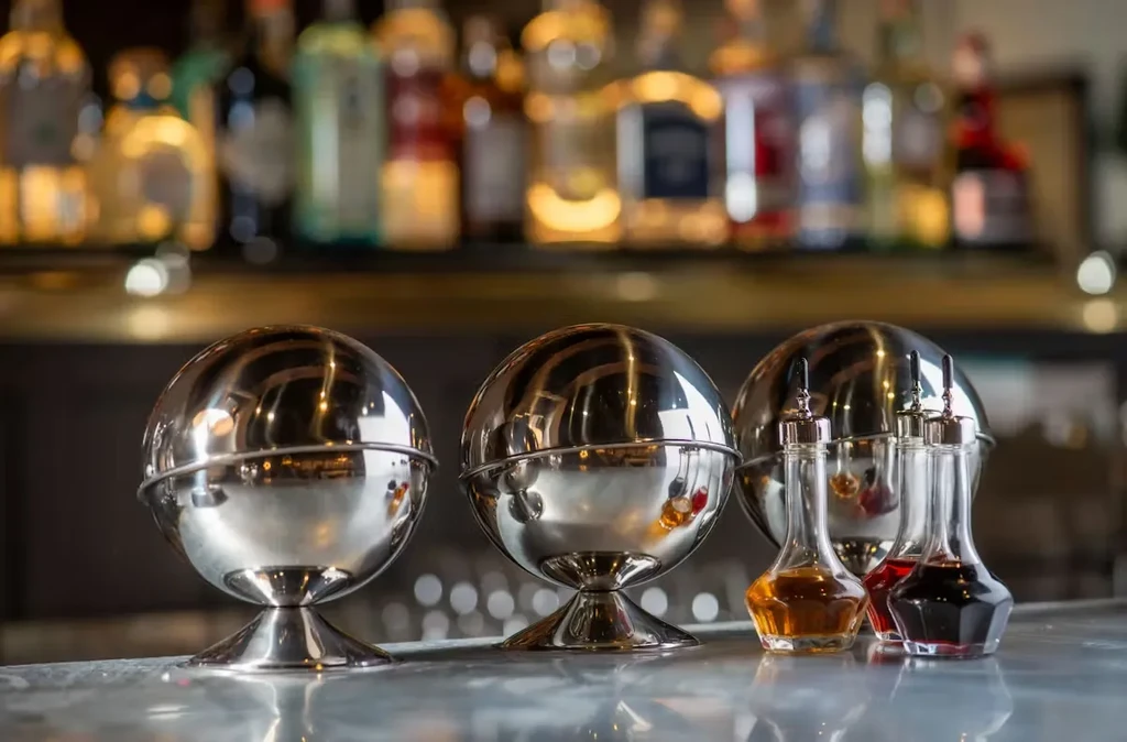 Three polished spherical dishes and two pour-spout bottles on a bar.