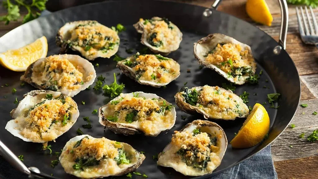 Baked oysters on half shells with breadcrumbs, lemon, in rustic pan.