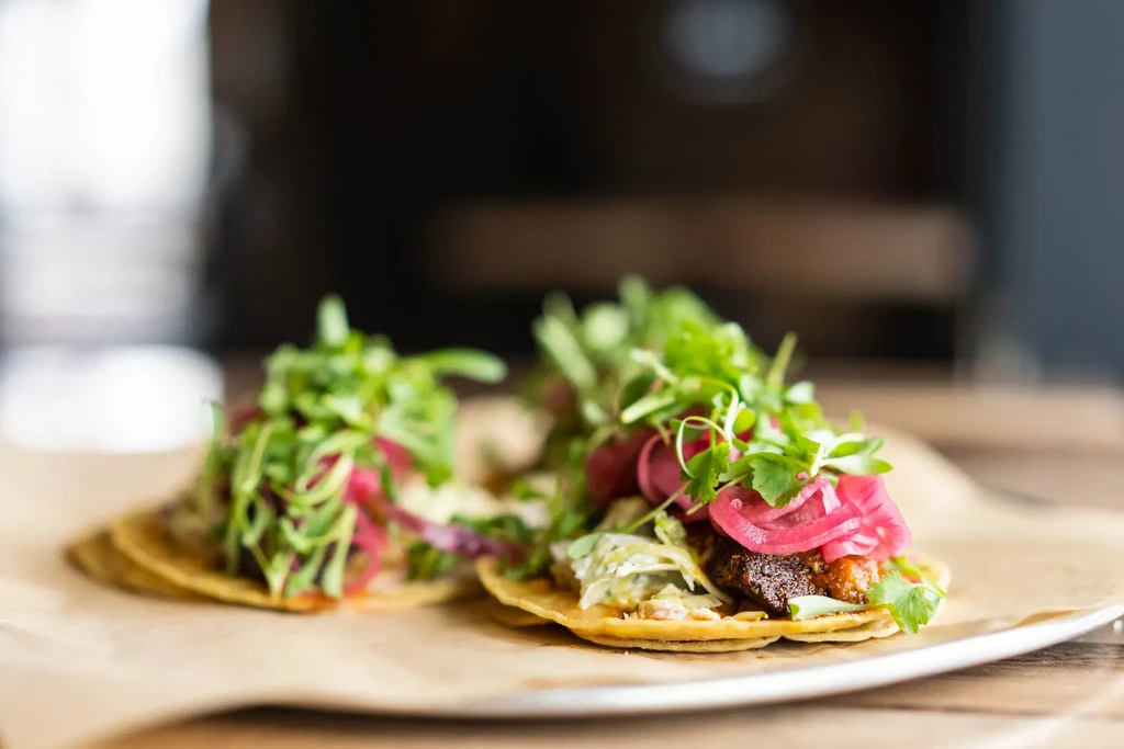 Two colorful tacos garnished with meat, slaw, pickled onions, and herbs.