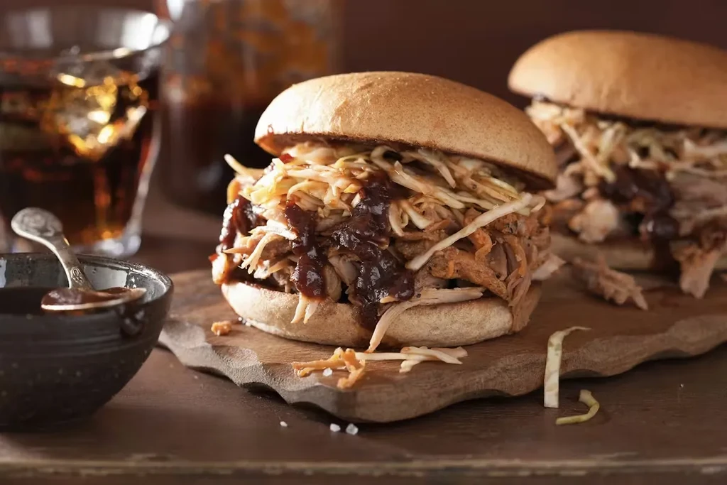 Two pulled pork sandwiches with glistening BBQ sauce, coleslaw on wood.