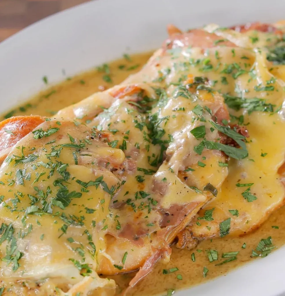 Chicken or meat dish with creamy sauce, melted cheese, and fresh herbs.