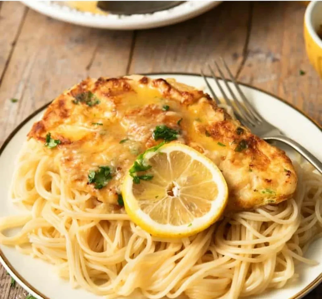 Creamy chicken pasta with lemon and herbs on a white plate.