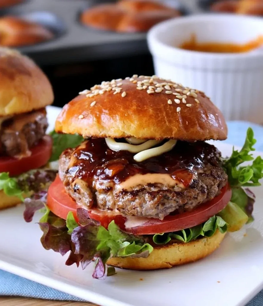 Burger on white plate with sesame bun, beef patty, sauces, vegetables.