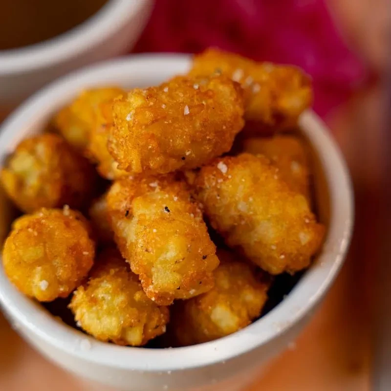 White bowl filled with golden-brown, crispy, seasoned tater tots.