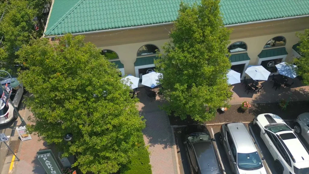 Aerial view of a restaurant with green roof, outdoor patio, and trees.