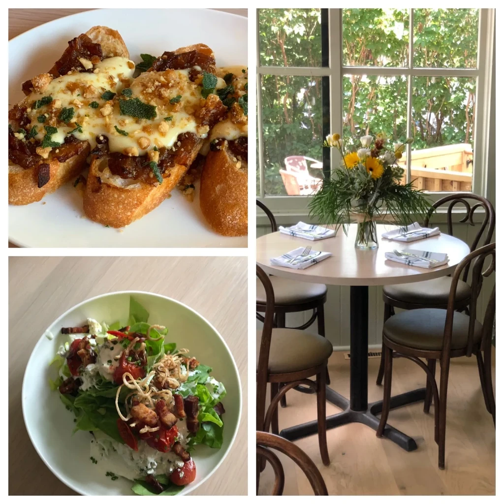 A collage of an appetizer, a salad, and a bright restaurant interior.