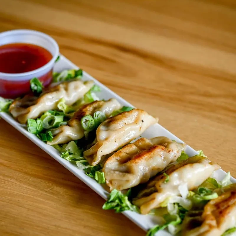 Pan-fried dumplings garnished with green onions, served with dipping sauce.