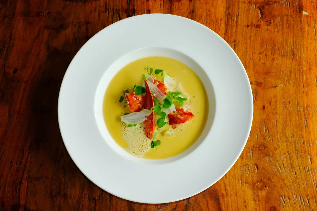 Creamy lobster bisque with herbs and radish in a white bowl.