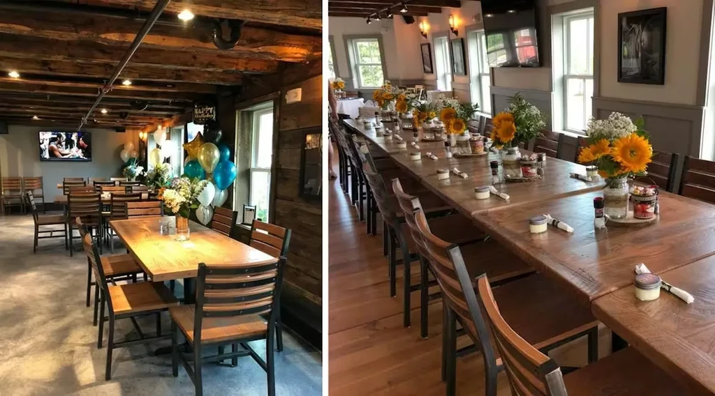 Restaurant diptych shows casual dining and a floral-decorated event space.