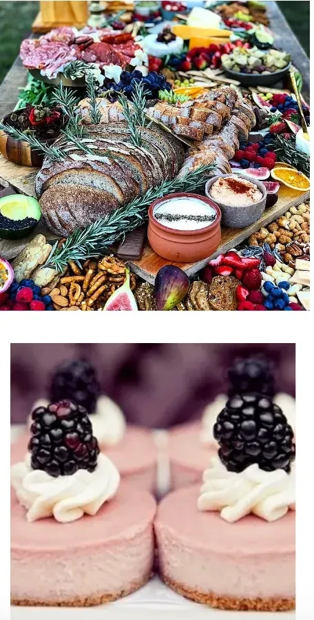 Abundant grazing board and mini pink cheesecakes with blackberries.