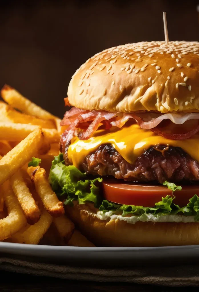 Burger with melted cheese, bacon, lettuce, tomato, and crispy fries.