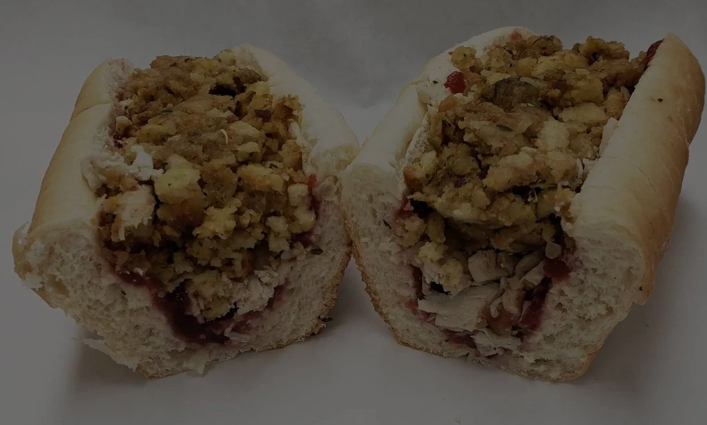 Thanksgiving sub with turkey, stuffing, and cranberry sauce.