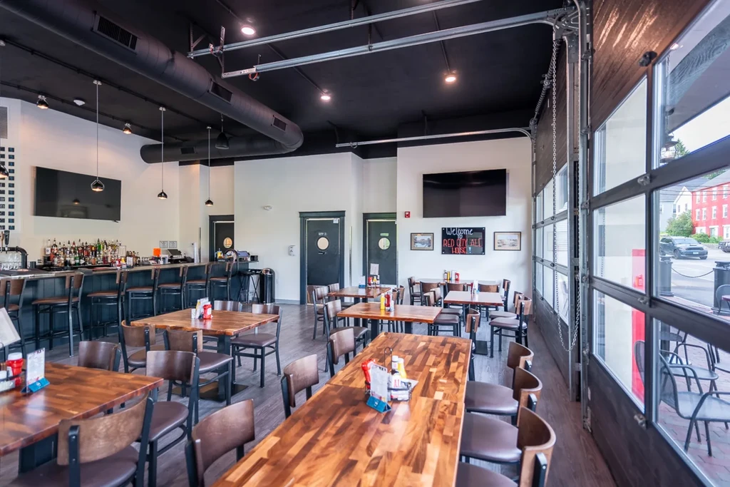 Empty industrial-chic Red City Ale House bar and dining area.