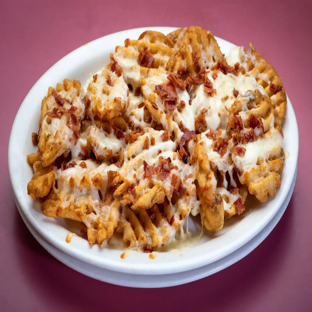 Waffle fries topped with melted white cheese and crispy bacon bits.