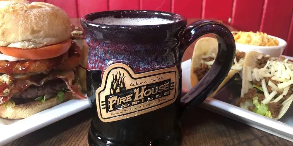 Burger, tacos, mac and cheese, and a frothy Fire House Grill mug.