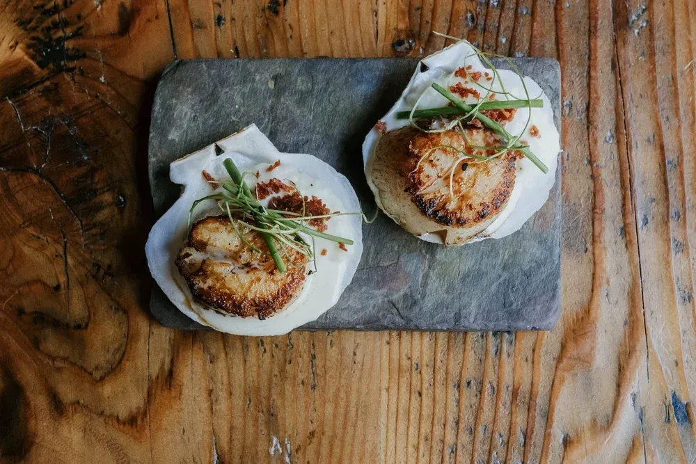 Two seared scallops in shells with herbs, on slate and wood.