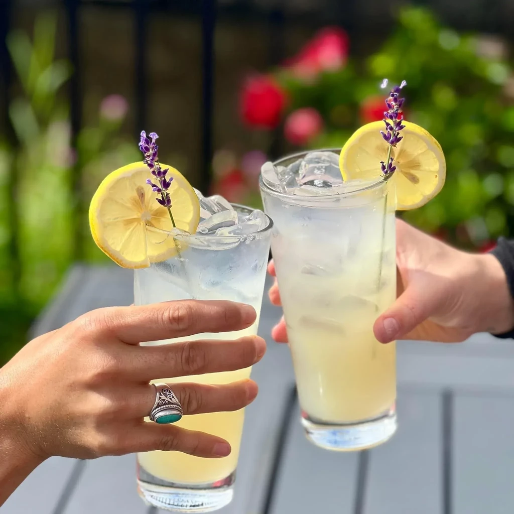 Two hands hold effervescent iced drinks garnished with lemon and lavender outdoors.