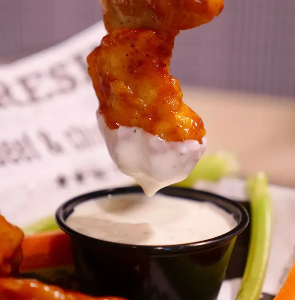 Golden fried chicken piece dipping into white creamy sauce.