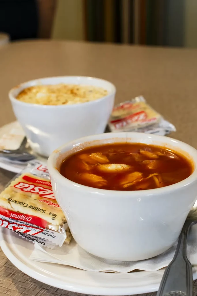 Red seafood stew and creamy chowder with crackers on a table.