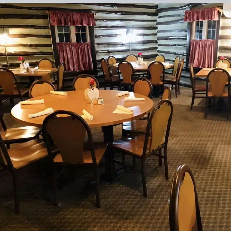 Empty rustic dining room with log walls and checkered curtains.