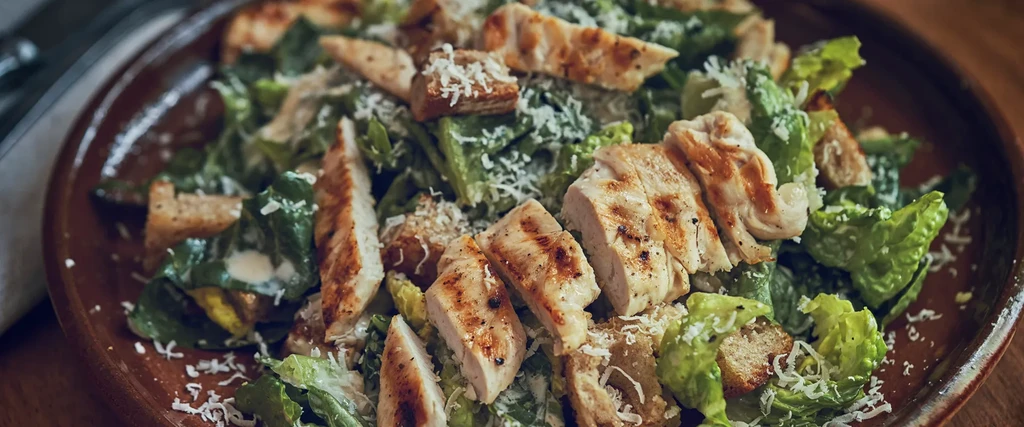 Close-up of Caesar salad with grilled chicken, croutons, and Parmesan.