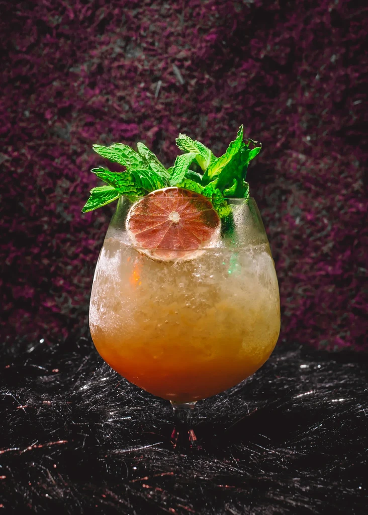 Cold, effervescent yellowish-orange cocktail with mint and dried citrus.