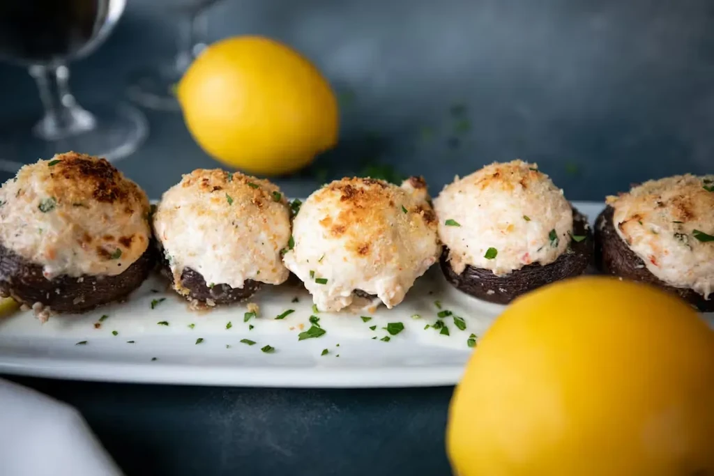 Six stuffed mushrooms with creamy filling and herbs on a white plate.