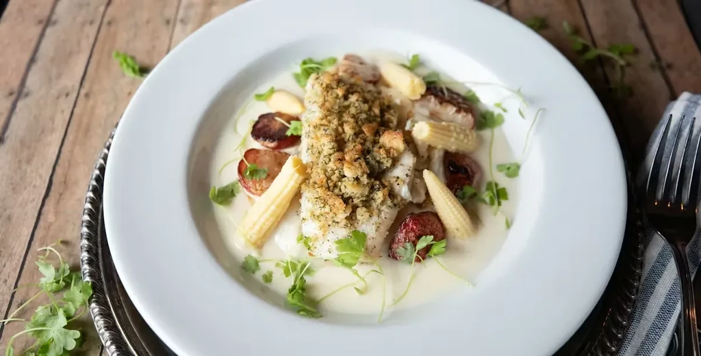 White fish with herb crust, creamy sauce, baby corn, and potatoes.