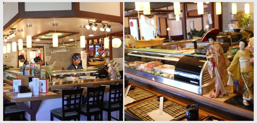 Composite: Japanese sushi bar with chefs, raw fish, and traditional dolls.