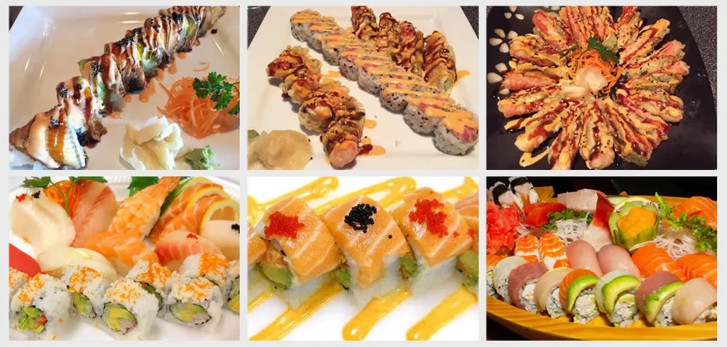 Collage of six photos showing various sushi and sashimi preparations.