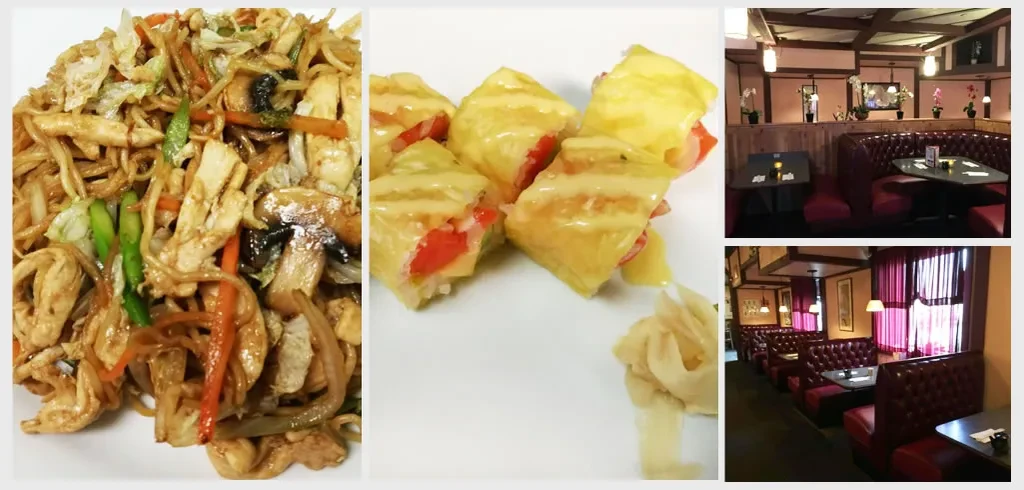 Collage shows noodle dish, sushi, and restaurant interior with red booths.