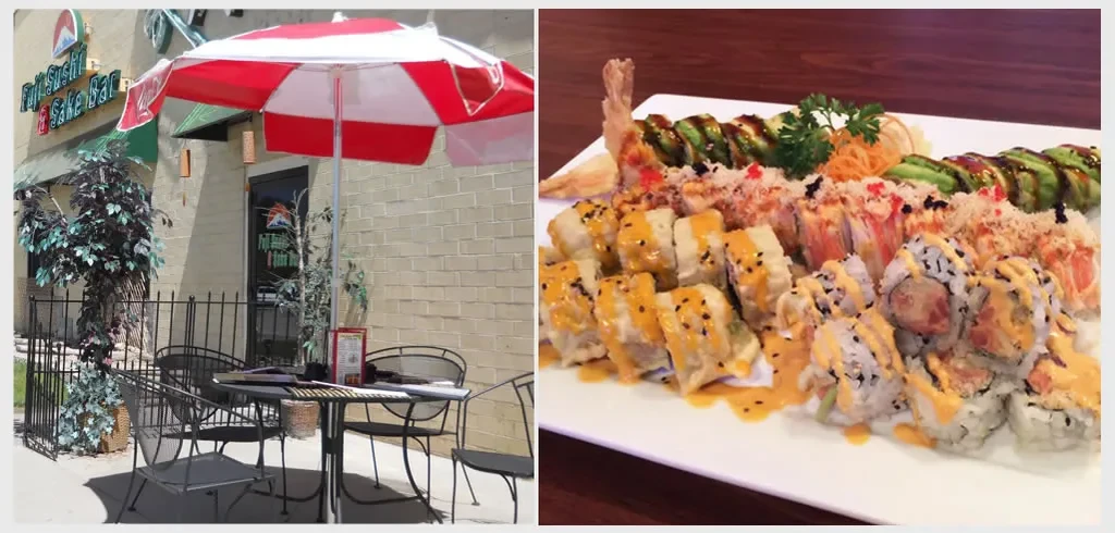 Composite of Fuji Sushi restaurant exterior and colorful sushi platter.