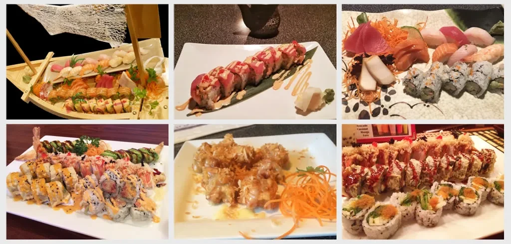 Collage of six plates showcasing assorted Japanese sushi and sashimi dishes.