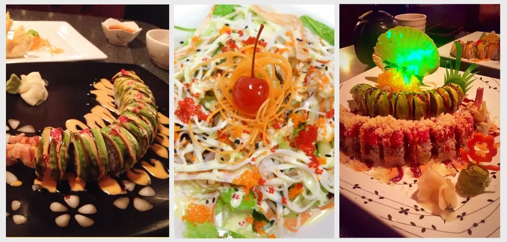 Triptych of three distinct, colorful Japanese food dishes.