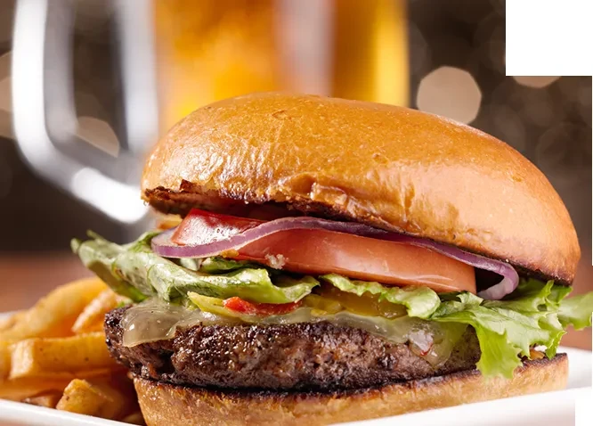 Hamburger with melted cheese, fresh vegetables, and a side of fries.